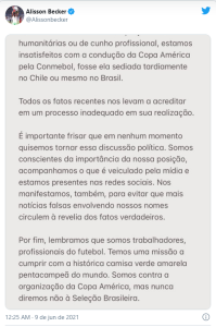 Em nota, jogadores da seleção criticam Copa América, mas negam boicote 1 Em nota, jogadores da seleção criticam Copa América, mas negam boicote