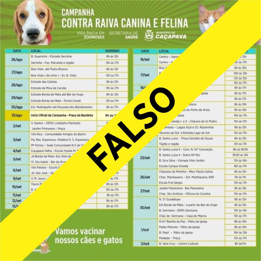 É falso calendário de vacinação antirrábica de Caçapava, que circula nas redes sociais