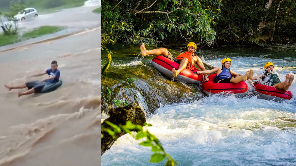 Boia Cross em Taubaté vira atração nas ruas alagadas pela chuva