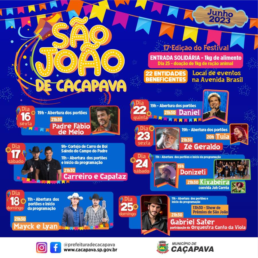 Festa de São João de Caçapava terá Daniel, Gabriel Sater e Padre Fábio de Melo