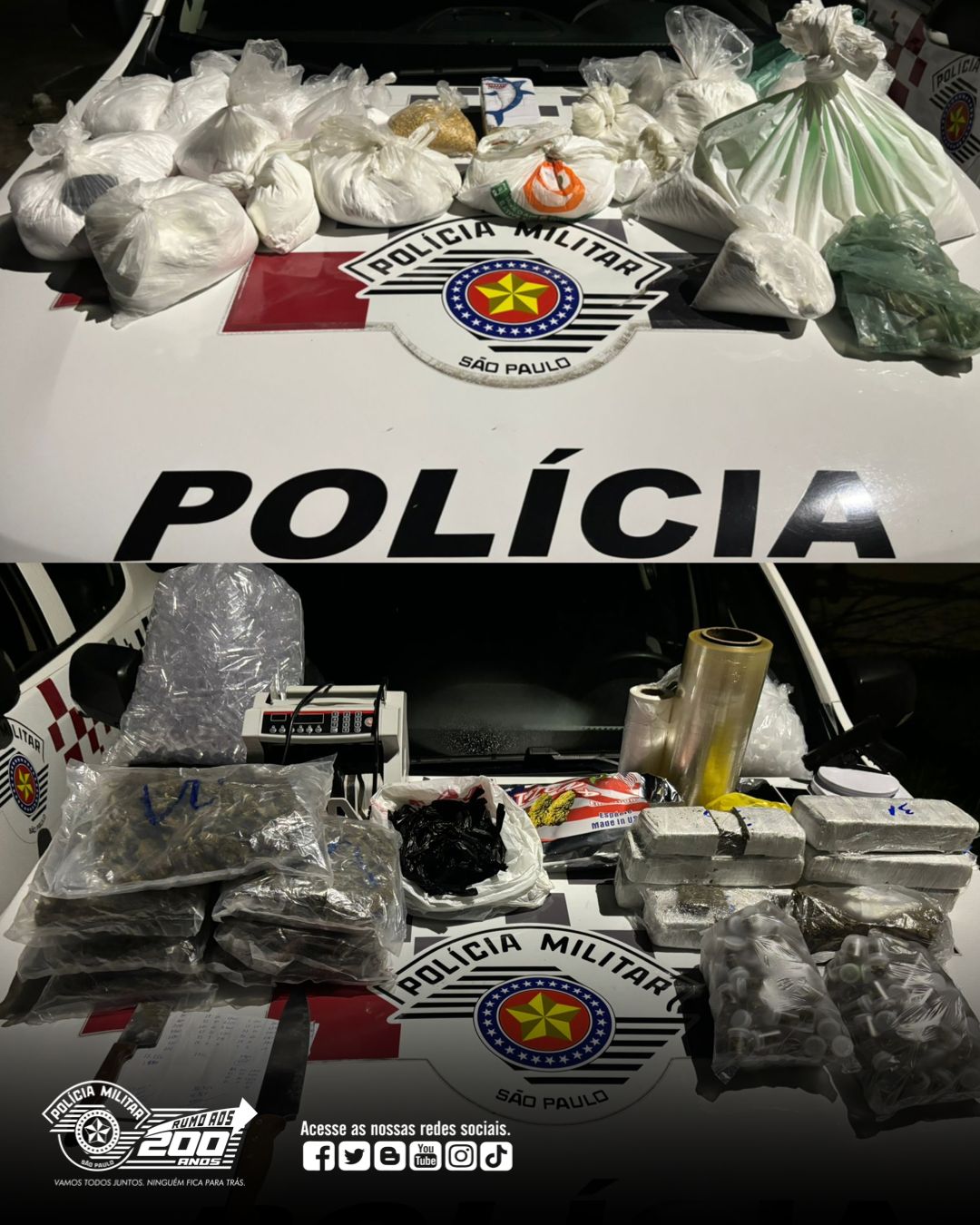 Na madrugada deste sábado (13/04), por volta das 00h44, uma operação da Companhia de Força Tática do 5° BPM/I resultou na prisão de uma mulher envolvida em tráfico de drogas em Pindamonhangaba. A abordagem ocorreu no Conjunto Residencial Ypê, após a equipe receber uma denúncia sobre atividades ilícitas na região. Durante o patrulhamento pelo bairro mencionado, os policiais encontraram uma grande quantidade de entorpecentes. Apesar de inicialmente haver um casal no local, o homem conseguiu fugir, deixando apenas sua companheira para trás. Operação Policial Resulta na Apreensão de Drogas em Conjunto Residencial de Pinda No local da abordagem, foram apreendidos os seguintes itens: 7.769 kg de maconha; 24.455 kg de cocaína; 1 kg de pasta base; 530 g de crack; Celulares; Balanças de precisão; Máquina para contabilidade monetária; Folhas de contabilidade do tráfico e materiais para embalo; 1 simulacro. O total de entorpecentes apreendidos aproximou-se de 34kg, evidenciando a magnitude do esquema de tráfico desmantelado pela operação policial. A suspeita foi encaminhada ao Plantão Policial, onde permanece à disposição da justiça para responder pelo crime de Tráfico de Drogas. Todo o material ilícito apreendido foi devidamente recolhido pela polícia como parte do processo investigativo. Resumo: Uma mulher foi presa em Pindamonhangaba com aproximadamente 32 kg de drogas em uma operação policial no Conjunto Residencial Ypê. O tráfico de entorpecentes foi desarticulado após uma denúncia anônima sobre atividades suspeitas na região. A suspeita foi detida e responderá pelo crime de Tráfico de Drogas, enquanto o material ilícito foi apreendido pela polícia como parte das investigações.