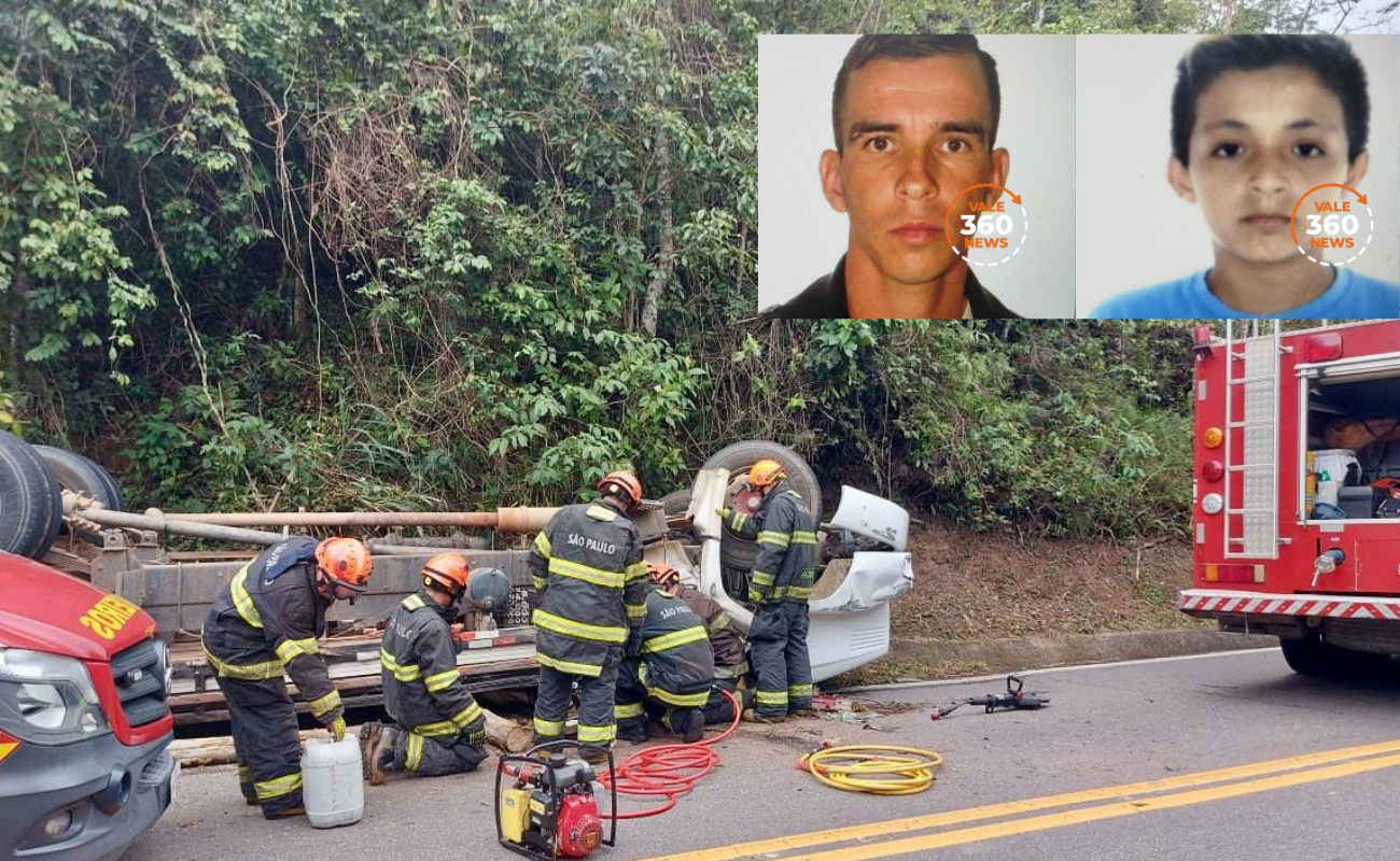 Caminhão carregado com toras capota na Rodovia dos Tropeiros e duas pessoas morrem em Areias