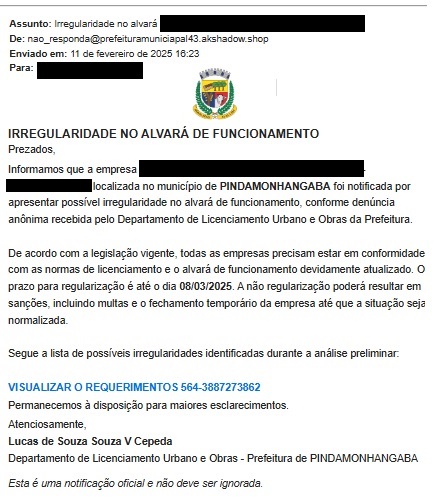 Prefeitura de Pinda alerta sobre e-mails falsos com cobrança de tributos 1 Prefeitura de Pinda alerta sobre e-mails falsos com cobrança de tributos