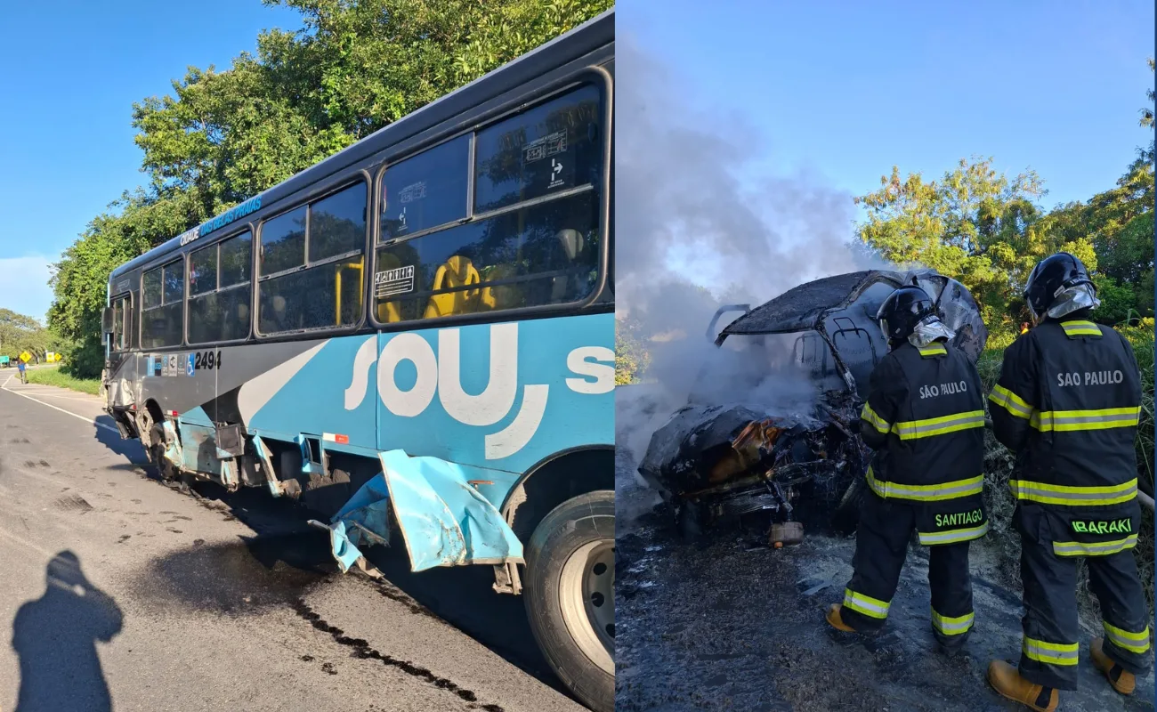 Carro pega fogo após colisão com ônibus em São Sebastião e Rio-Santos é interditada
