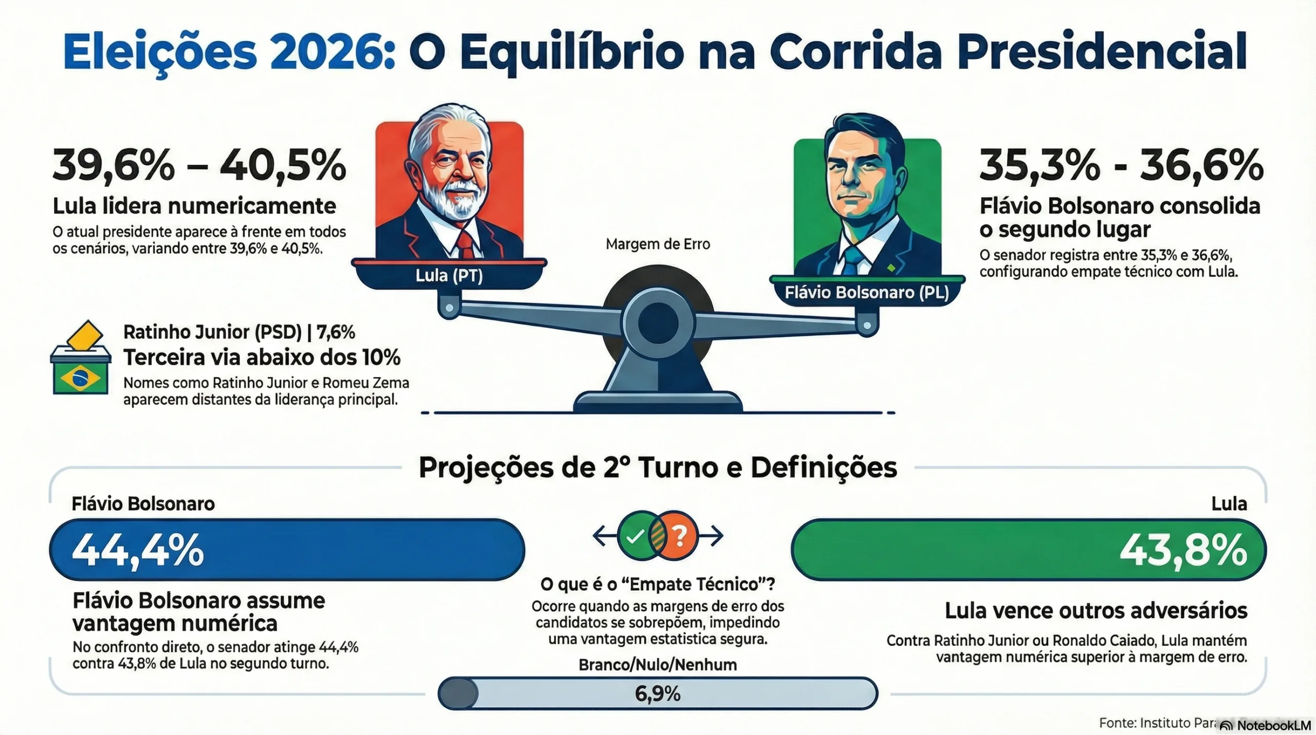 Eleições 2026: Lula e Flávio Bolsonaro empatam tecnicamente no 1º turno e no 2º turno, aponta Paraná Pesquisas 4 Eleições 2026