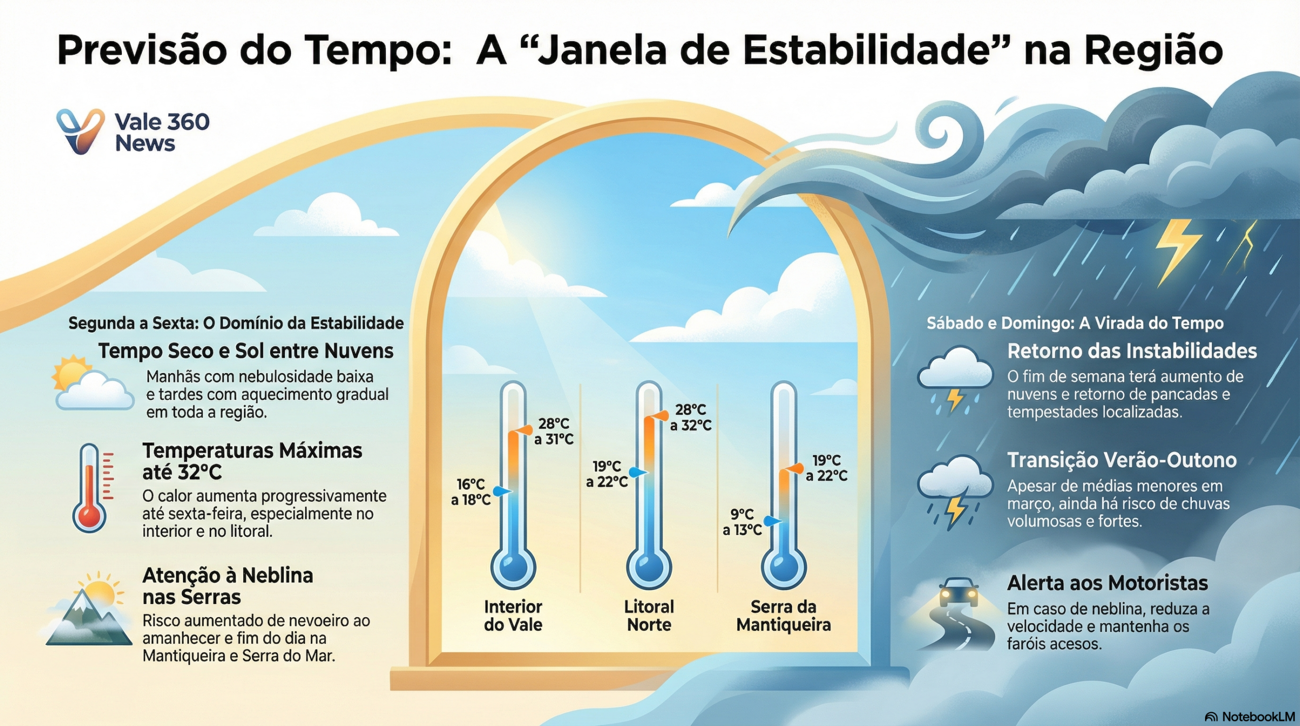 Janela de estabilidade atmosférica no Vale do Paraíba e Litoral Norte: semana seca até sexta e máximas podem chegar a 32°C 1 Janela de estabilidade atmosférica