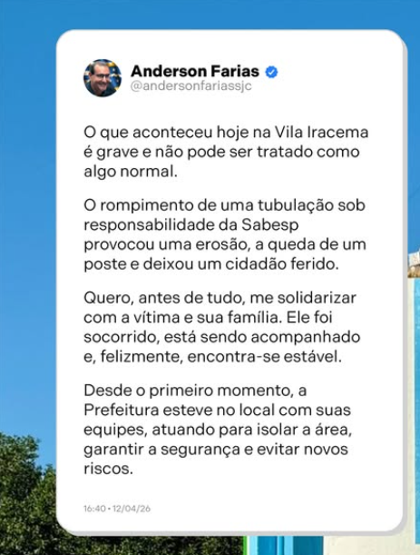 Cratera se abre em São José dos Campos, derruba poste, deixa homem gravemente ferido e Prefeito cobra Sabesp 1 Cratera se abre em São José dos Campos