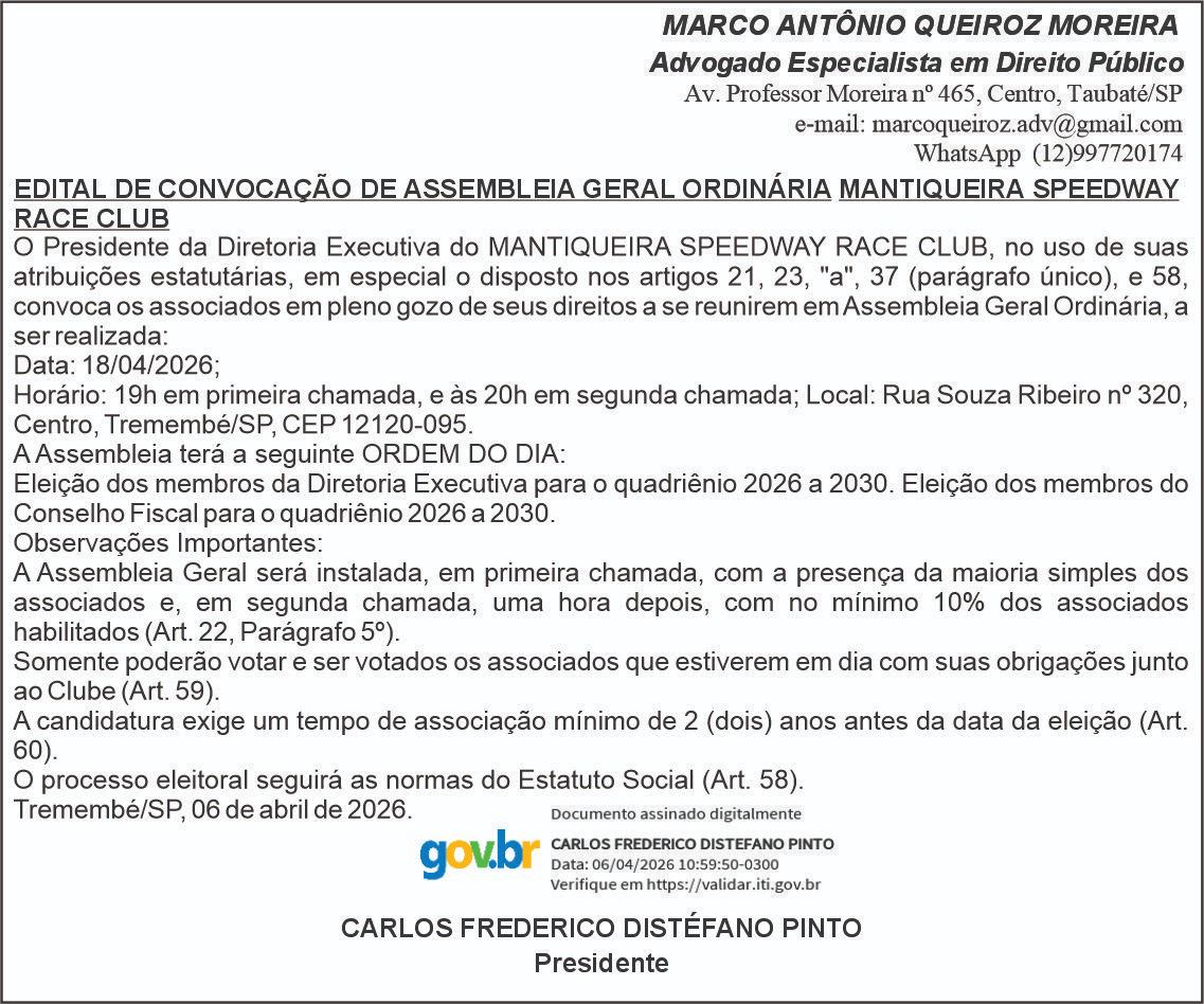 Edital de convocação de Assembleia Geral Ordinária Mantiqueira Speedway Race Club