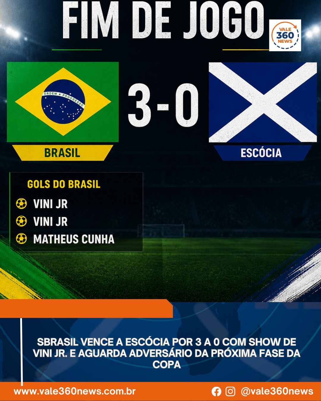 Brasil vence Escócia por 3 a 0