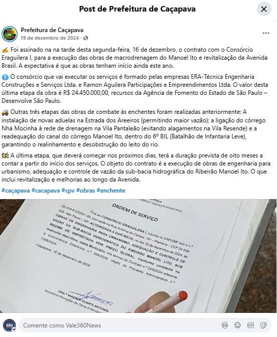 Prefeitura de Caçapava prorroga por 6 meses obra de córrego na Avenida Brasil, mas não informa valores 1 córrego na Avenida Brasil
